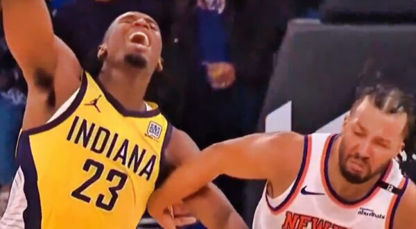 The refs ruled it a foul on Jalen Brunson after both Brunson and Aaron Nesmith were caught on camera in synchronized flopping during Game 1
