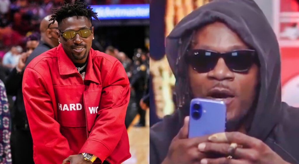 Antonio Brown posing on court and Adam Jones holding his phone