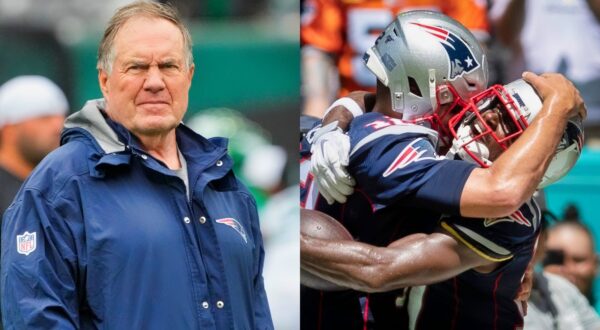 Split image of Bill Belichick, Tom Brady and Antonio Brown