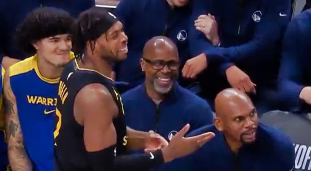 Buddy Hield was spotted on camera wearing shorts in black and blue, which did not match the rest of the Warriors' starters, who were all in black and yellow