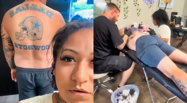 Split image of fan replacing Dallas Cowboys tattoo