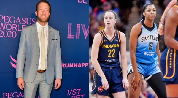 Split image of Dave Portnoy and Caitlin Clark with Angel Reese