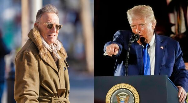 Donald Trump ponting to supporters and Bruce Springsteen in sunglasses and coat