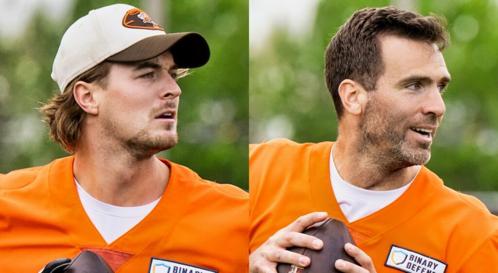 Split image of CLeveland Browns QBs Kenny Pickett and Joe Flacco