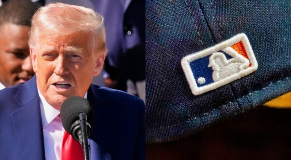 Donald Trump and MLB logo. It's been proven that Patrick Corbin is at his best when Trump is in office.
