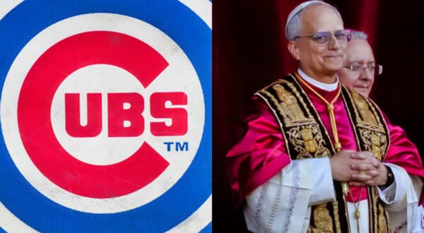 Split image of Cubs logo and Robert F. Prevost