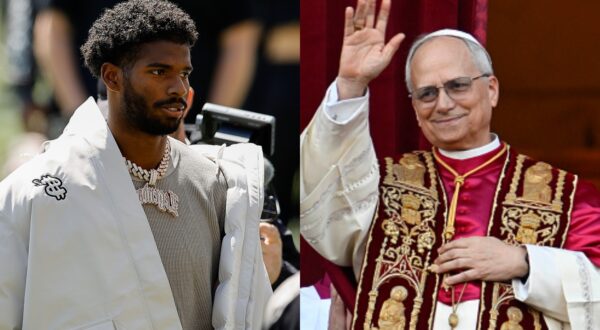 Split image of Shedeur Sanders and Robert F. Prevost