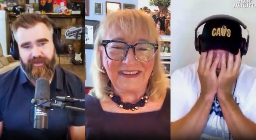 Travis Kelce Jason Kelce and Donna Kelce on podcast