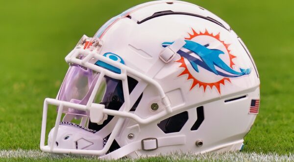 Miami Dolphins helmet on the field.