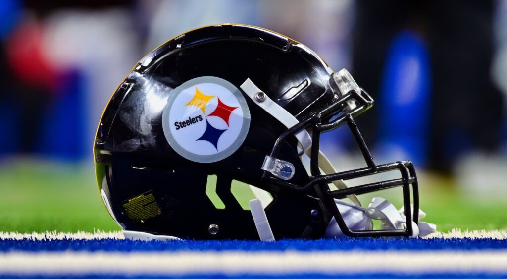 Steelers helmet on the field.