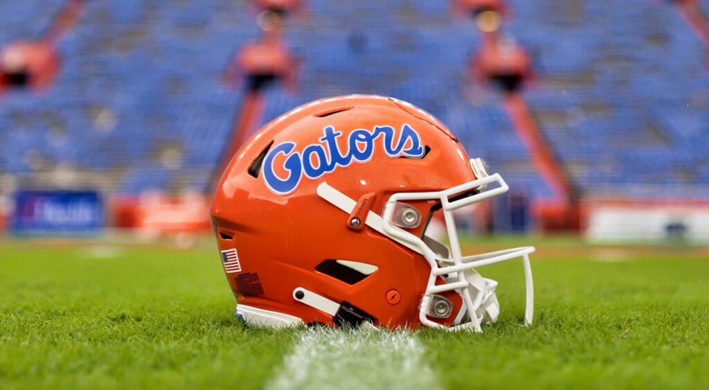 A Florida Gators helmet sits on the field