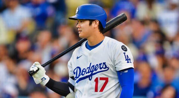 Los Angeles Dodgers two-way player Shohei Ohtani with bat in hand