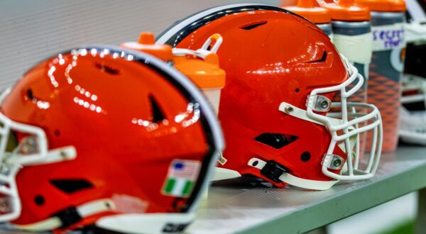 Cleveland Browns helmets. Mayor Justin Bibb gave a worrisome update for fans on the new stadium.