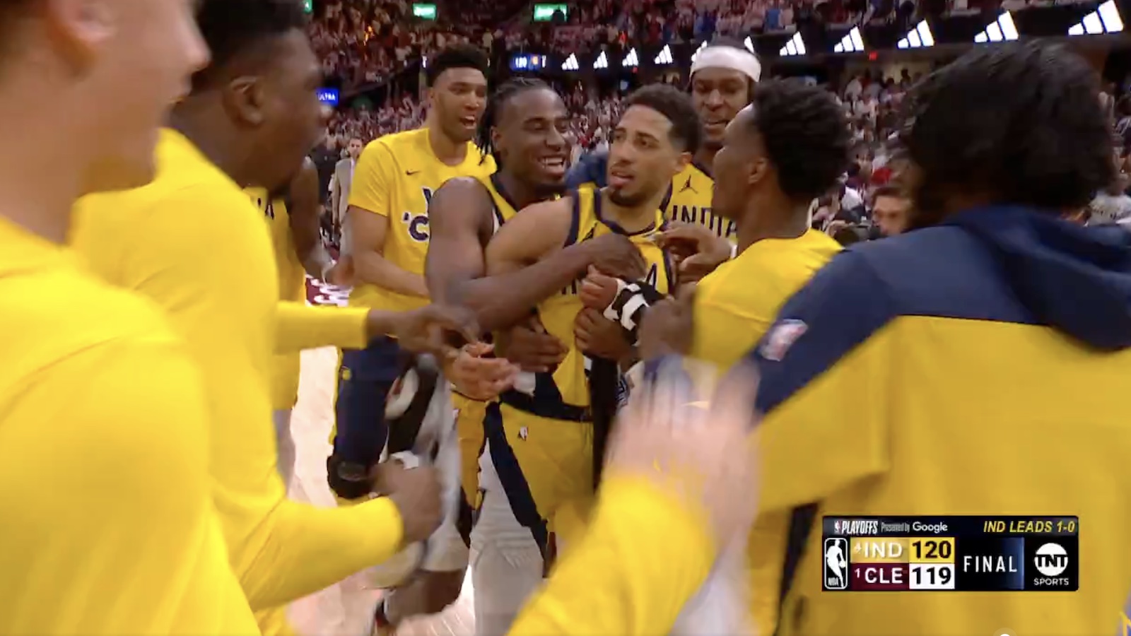 Tyrese Haliburton celebrating with Pacers teammates