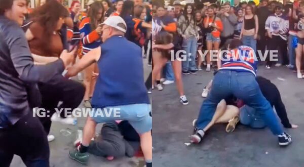 Edmonton Oilers fans fighting.